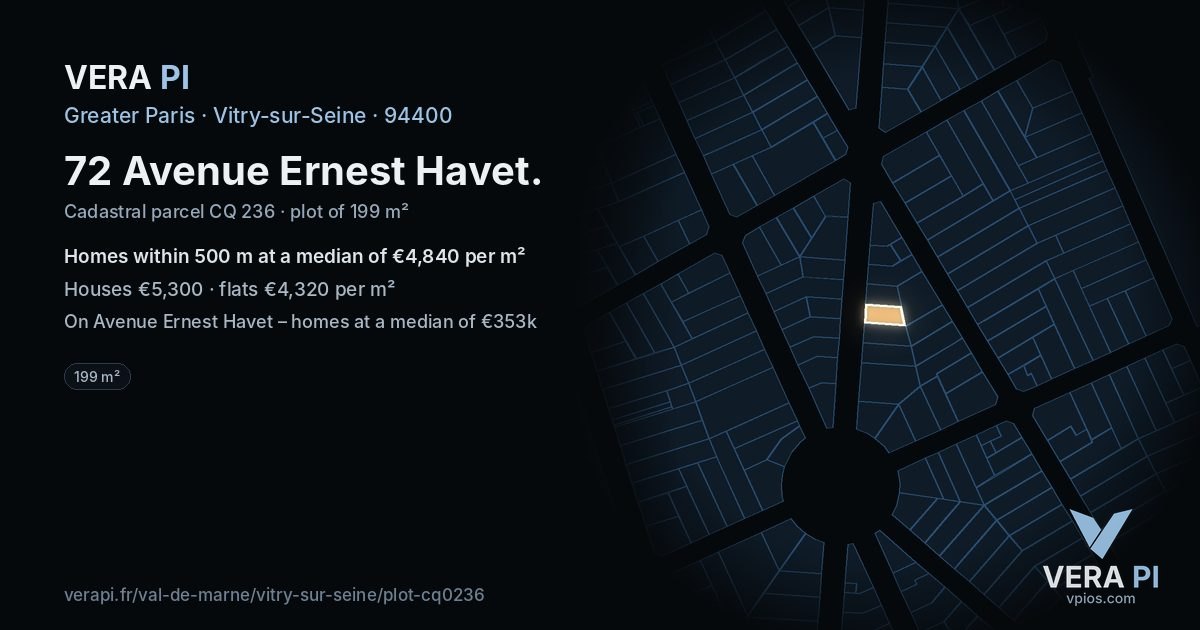 72 Avenue Ernest Havet, Vitry-sur-Seine at night – the plot lit, the parcels around coloured by the prices near them