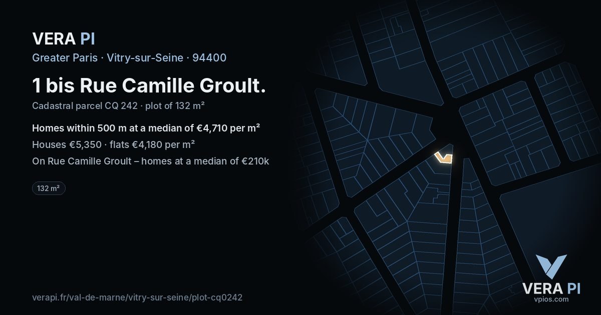 1 bis Rue Camille Groult, Vitry-sur-Seine at night – the plot lit, the parcels around coloured by the prices near them