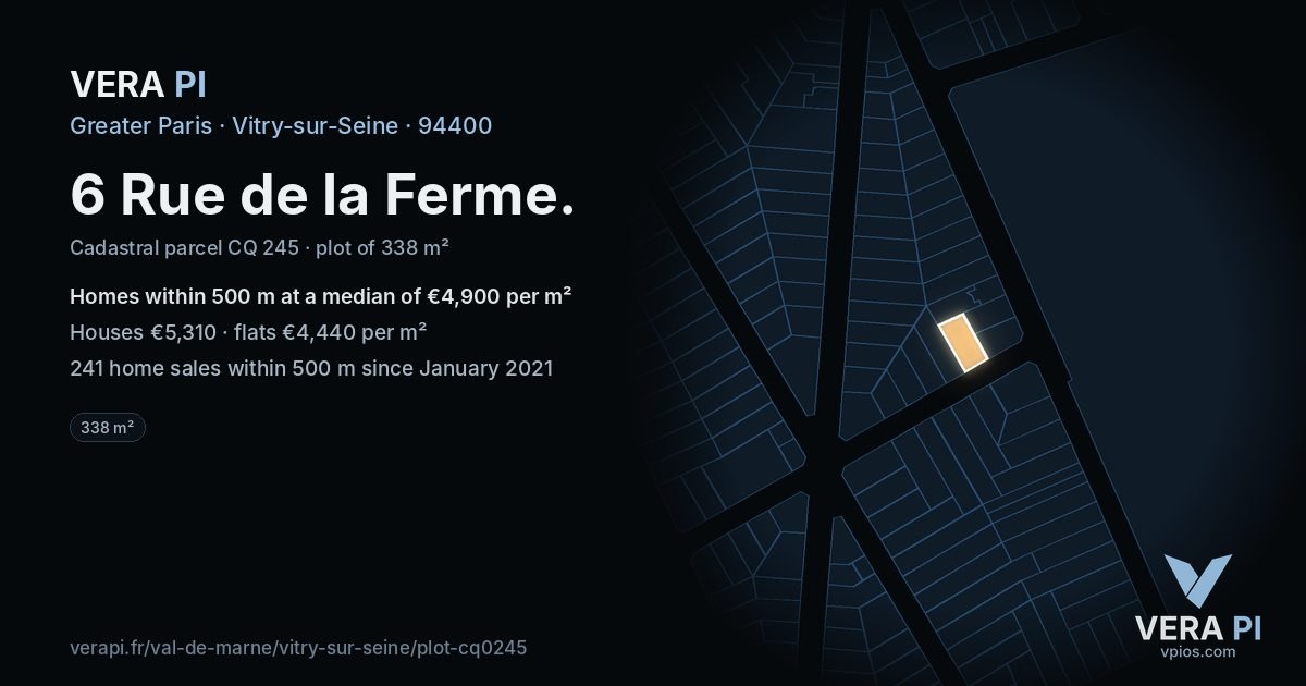 6 Rue de la Ferme, Vitry-sur-Seine at night – the plot lit, the parcels around coloured by the prices near them