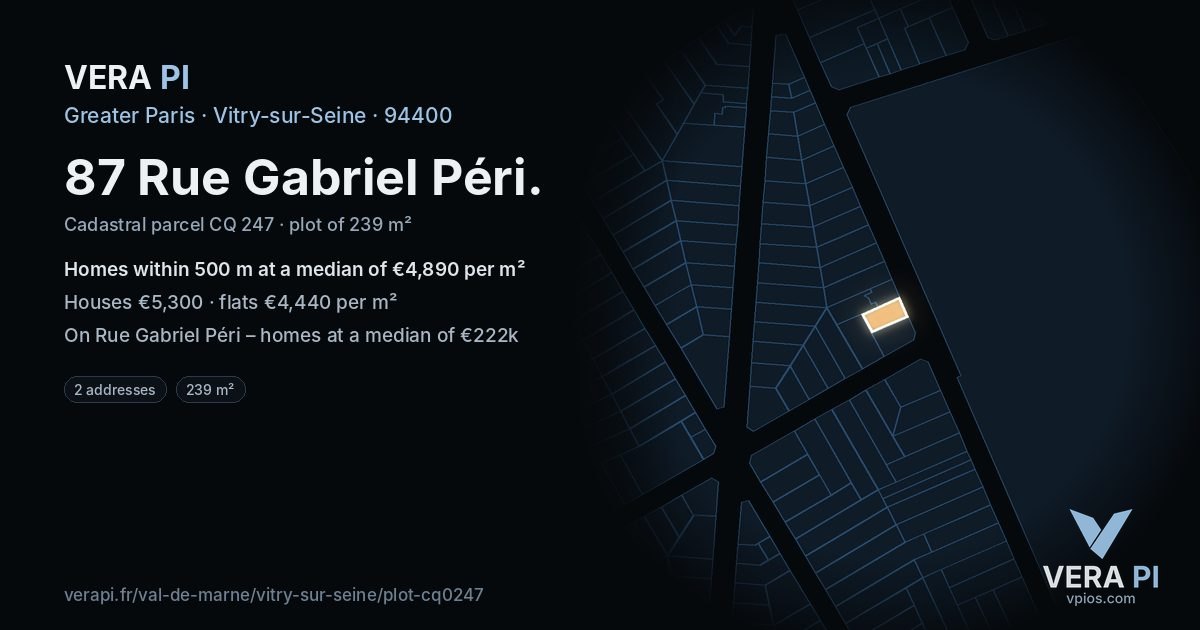 87 Rue Gabriel Péri, Vitry-sur-Seine at night – the plot lit, the parcels around coloured by the prices near them