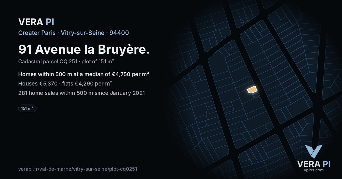 91 Avenue la Bruyère, Vitry-sur-Seine at night – the plot lit, the parcels around coloured by the prices near them