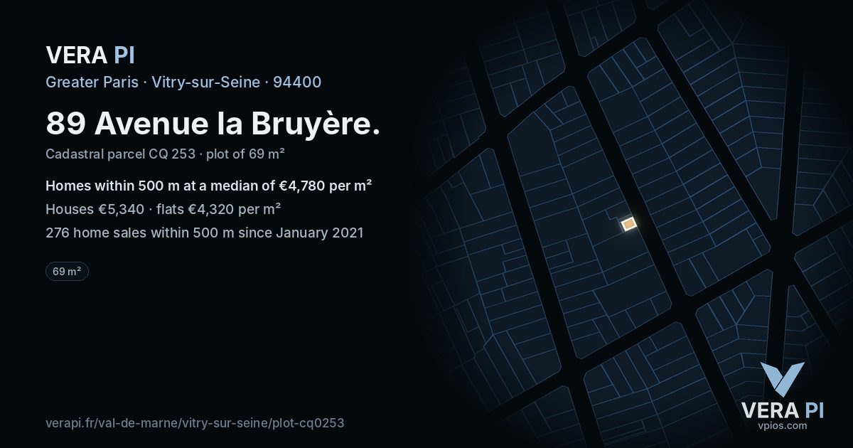 89 Avenue la Bruyère, Vitry-sur-Seine at night – the plot lit, the parcels around coloured by the prices near them