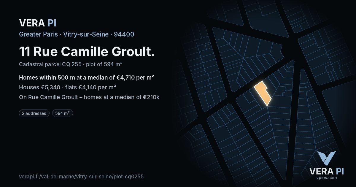 11 Rue Camille Groult, Vitry-sur-Seine at night – the plot lit, the parcels around coloured by the prices near them