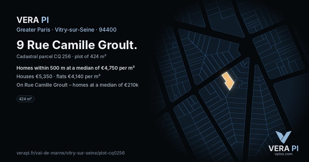 9 Rue Camille Groult, Vitry-sur-Seine at night – the plot lit, the parcels around coloured by the prices near them