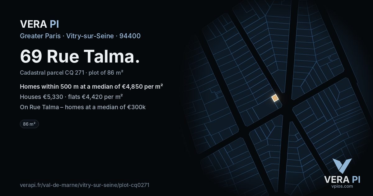 69 Rue Talma, Vitry-sur-Seine at night – the plot lit, the parcels around coloured by the prices near them