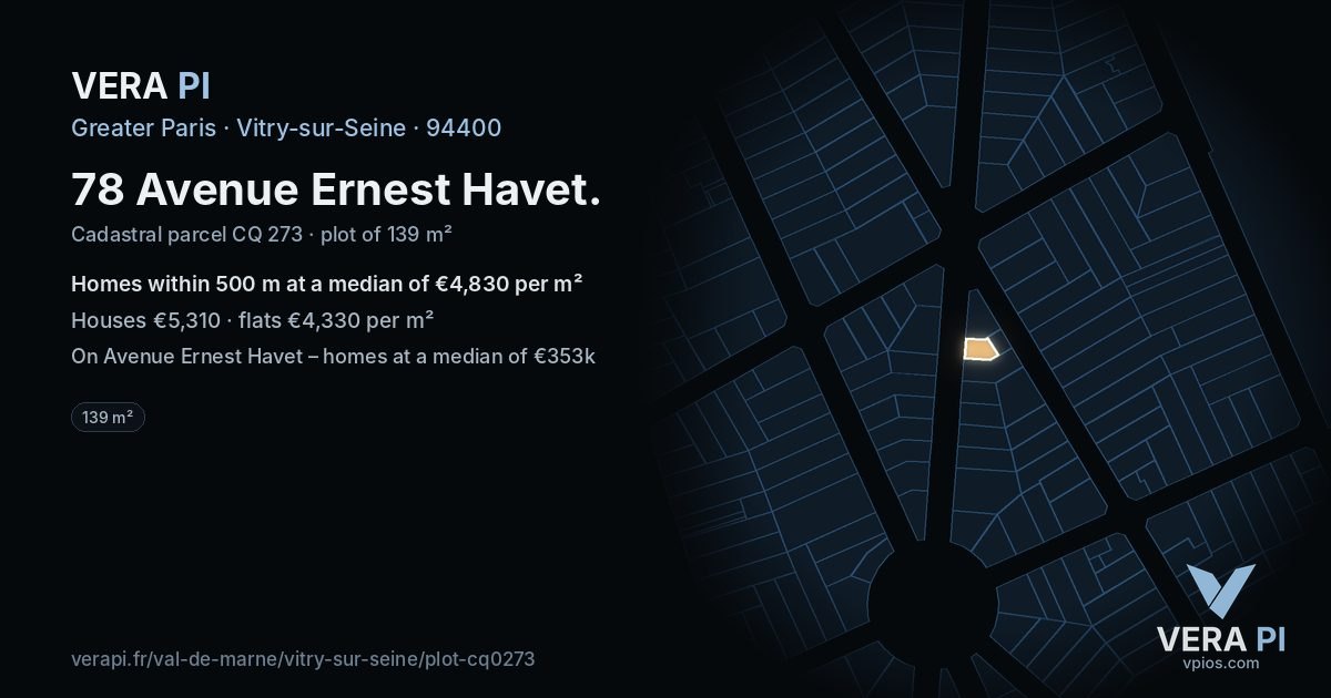78 Avenue Ernest Havet, Vitry-sur-Seine at night – the plot lit, the parcels around coloured by the prices near them