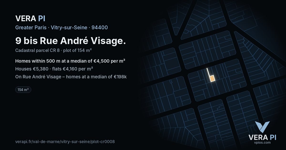 9 bis Rue André Visage, Vitry-sur-Seine at night – the plot lit, the parcels around coloured by the prices near them