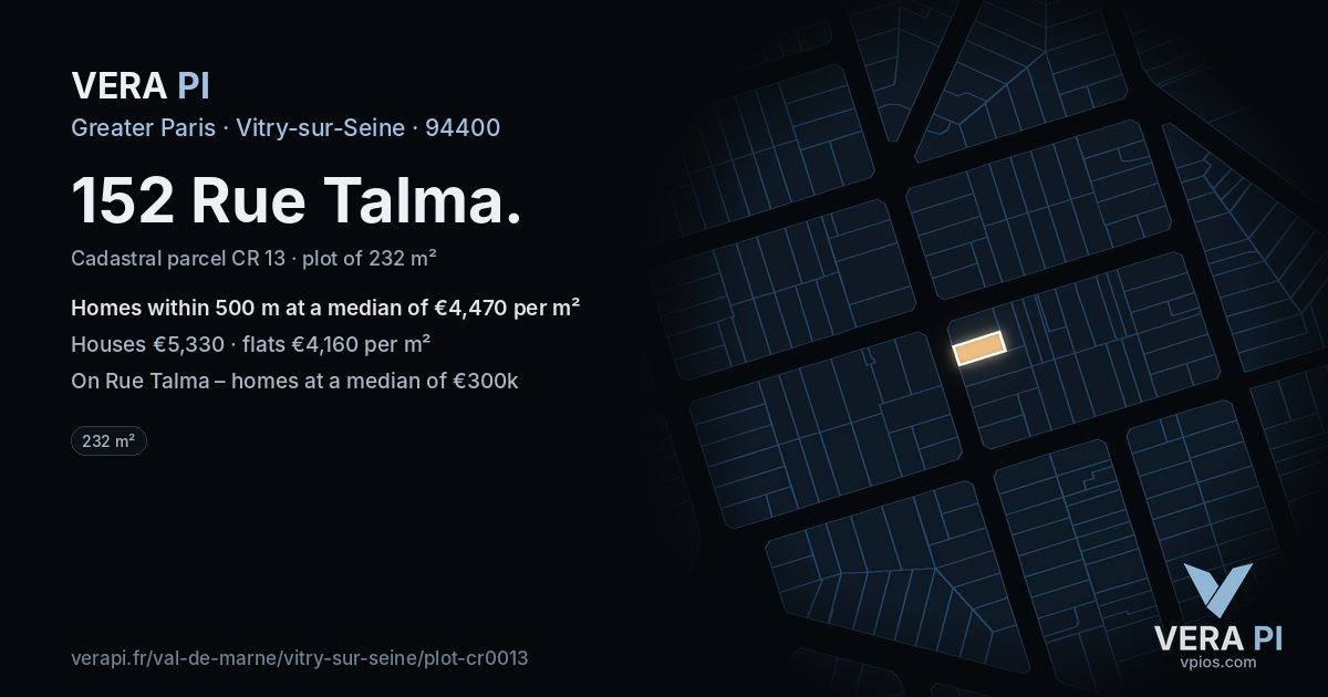 152 Rue Talma, Vitry-sur-Seine at night – the plot lit, the parcels around coloured by the prices near them