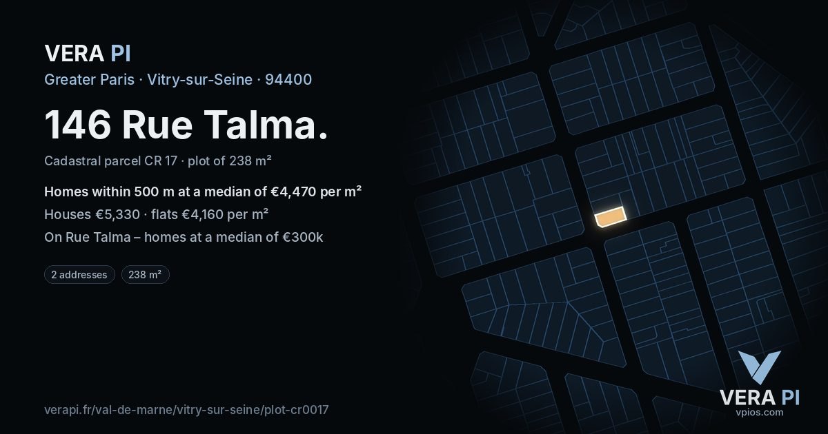 146 Rue Talma, Vitry-sur-Seine at night – the plot lit, the parcels around coloured by the prices near them