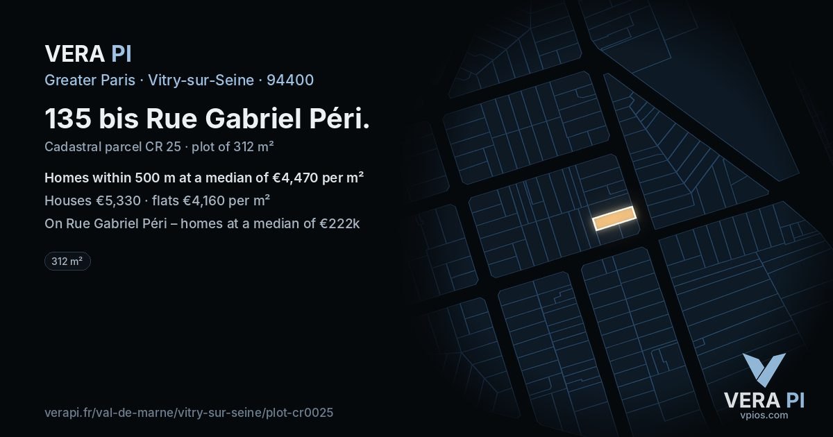 135 bis Rue Gabriel Péri, Vitry-sur-Seine at night – the plot lit, the parcels around coloured by the prices near them