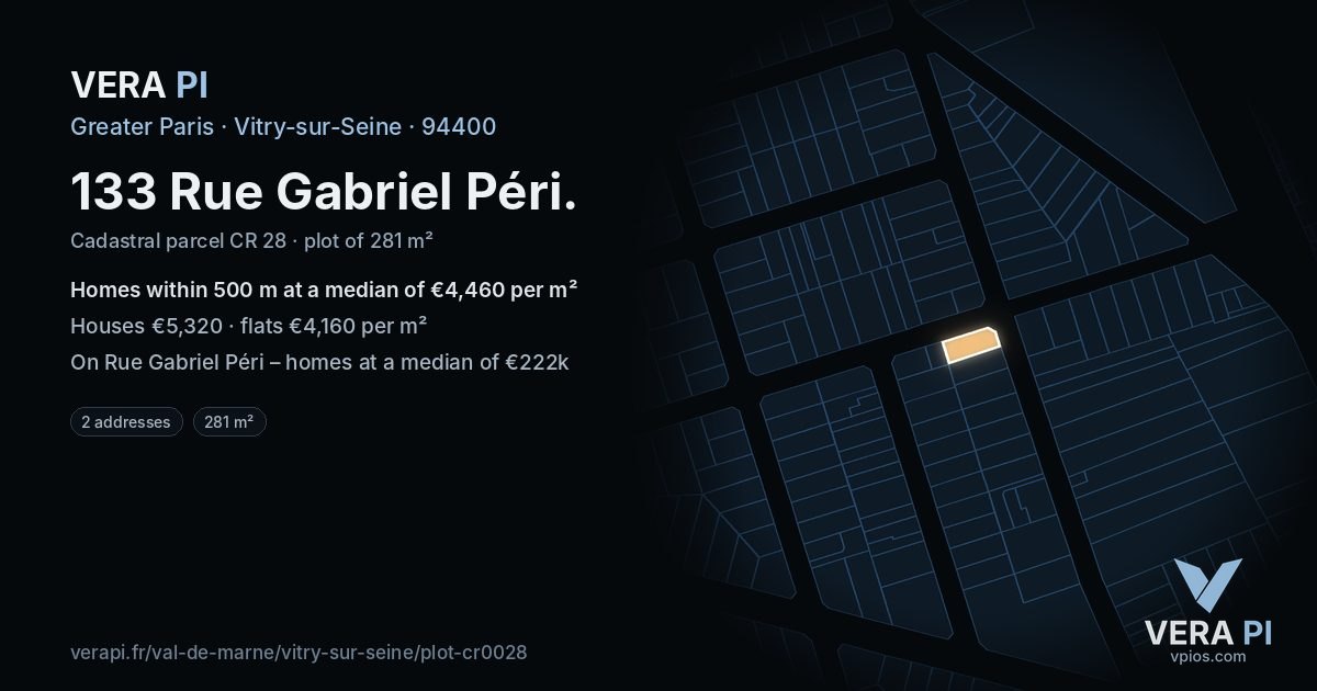 133 Rue Gabriel Péri, Vitry-sur-Seine at night – the plot lit, the parcels around coloured by the prices near them