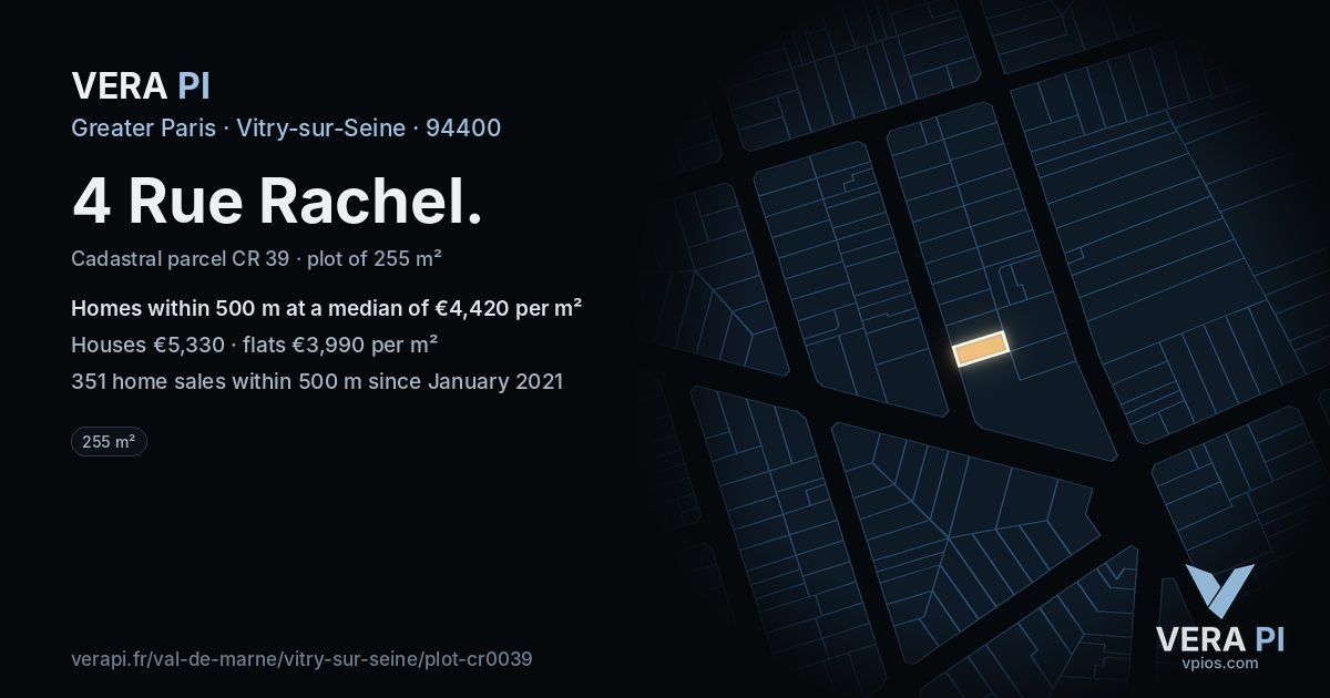 4 Rue Rachel, Vitry-sur-Seine at night – the plot lit, the parcels around coloured by the prices near them