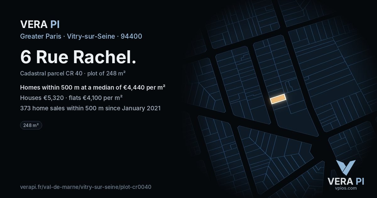 6 Rue Rachel, Vitry-sur-Seine at night – the plot lit, the parcels around coloured by the prices near them