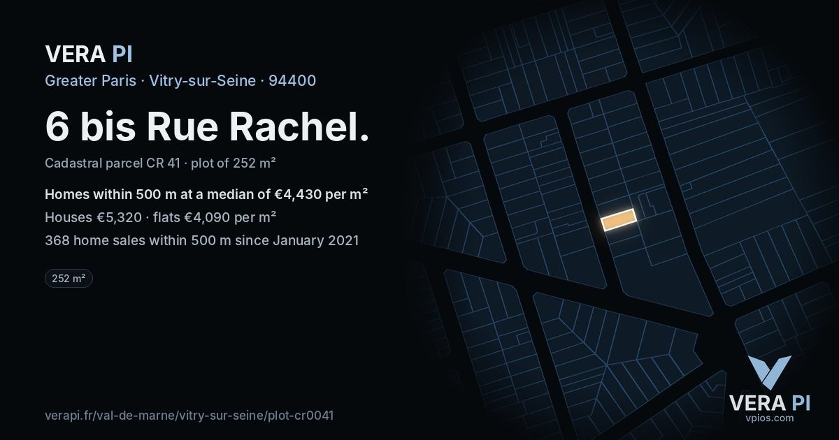 6 bis Rue Rachel, Vitry-sur-Seine at night – the plot lit, the parcels around coloured by the prices near them
