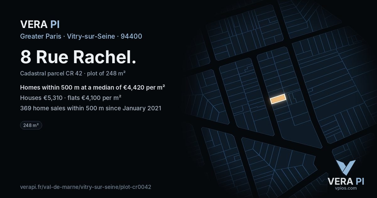 8 Rue Rachel, Vitry-sur-Seine at night – the plot lit, the parcels around coloured by the prices near them