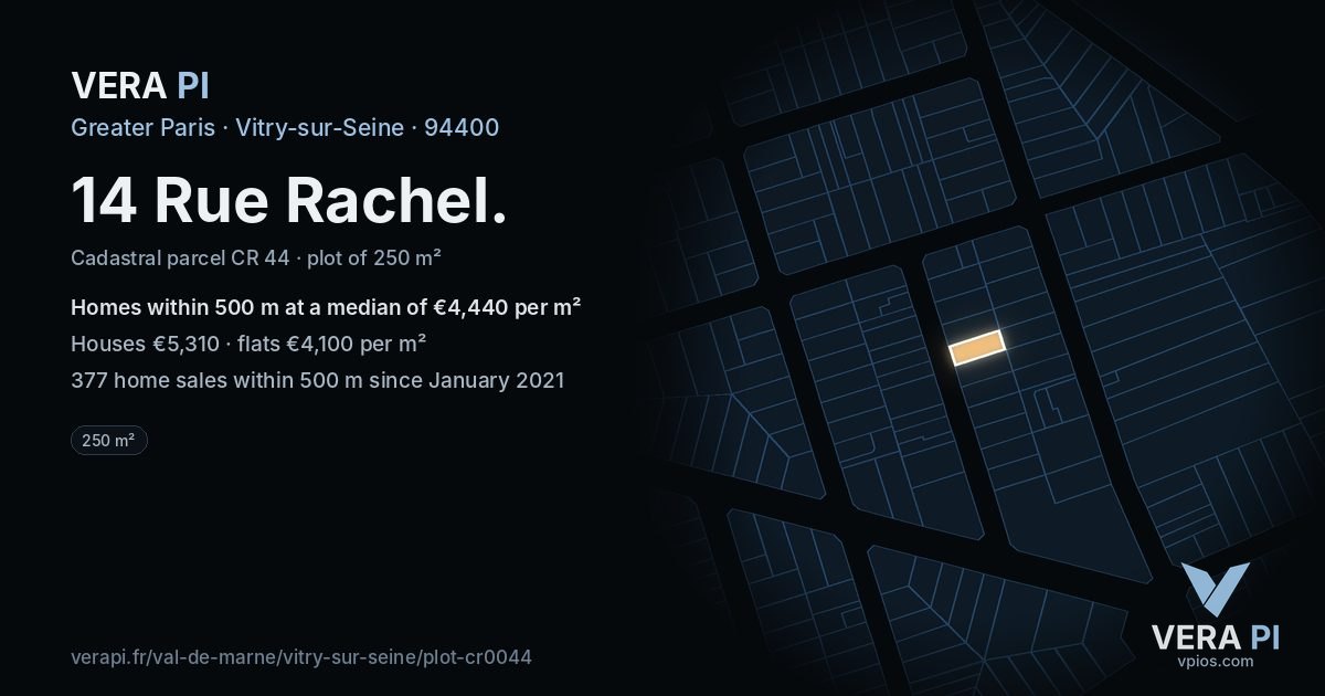 14 Rue Rachel, Vitry-sur-Seine at night – the plot lit, the parcels around coloured by the prices near them