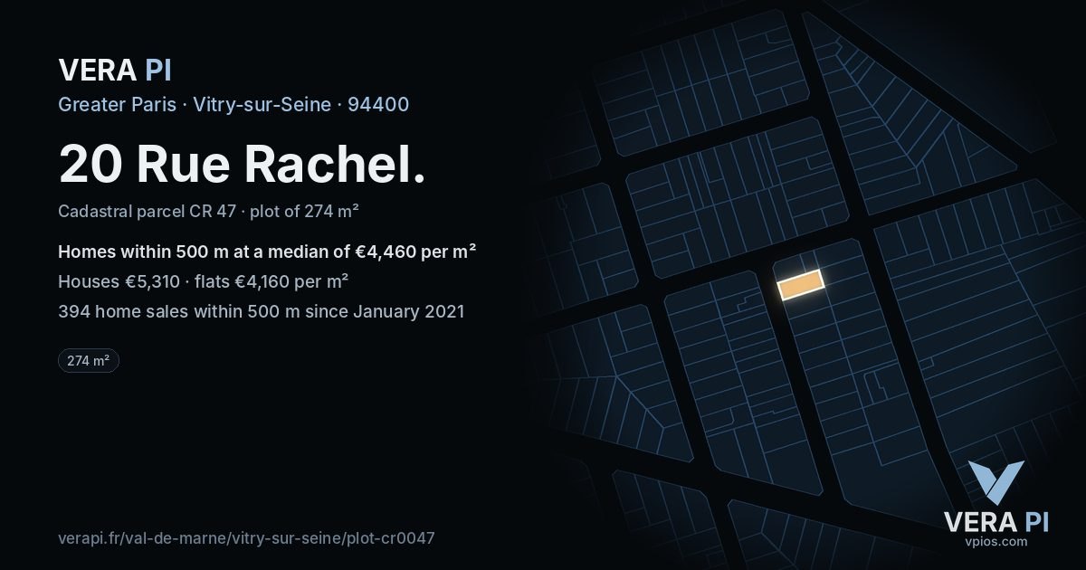 20 Rue Rachel, Vitry-sur-Seine at night – the plot lit, the parcels around coloured by the prices near them