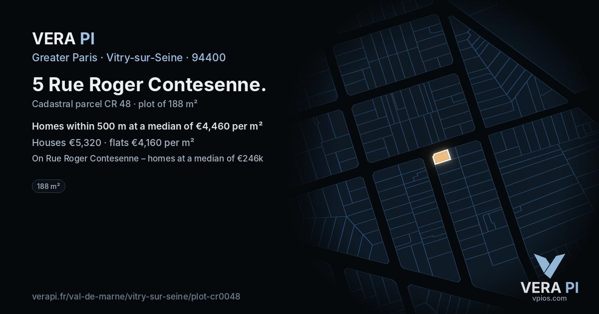 5 Rue Roger Contesenne, Vitry-sur-Seine at night – the plot lit, the parcels around coloured by the prices near them