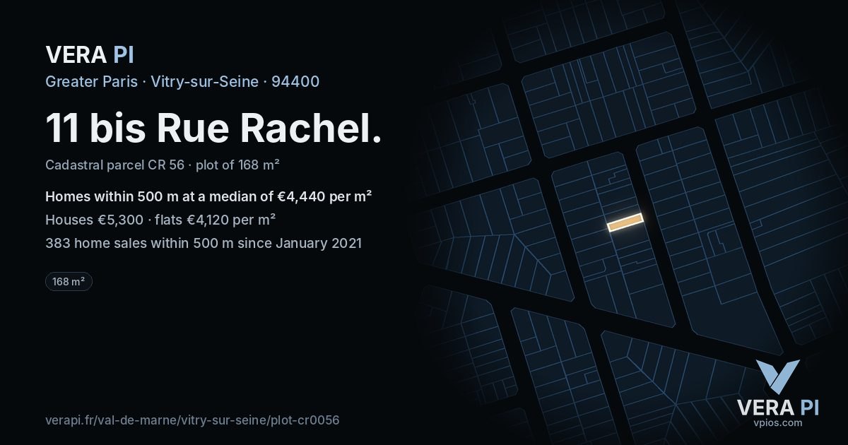 11 bis Rue Rachel, Vitry-sur-Seine at night – the plot lit, the parcels around coloured by the prices near them