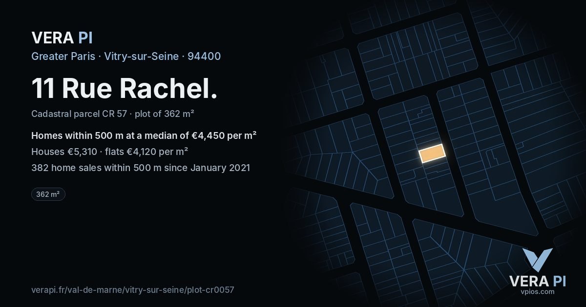 11 Rue Rachel, Vitry-sur-Seine at night – the plot lit, the parcels around coloured by the prices near them