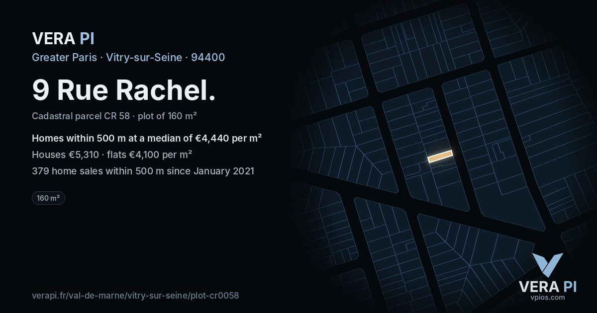 9 Rue Rachel, Vitry-sur-Seine at night – the plot lit, the parcels around coloured by the prices near them