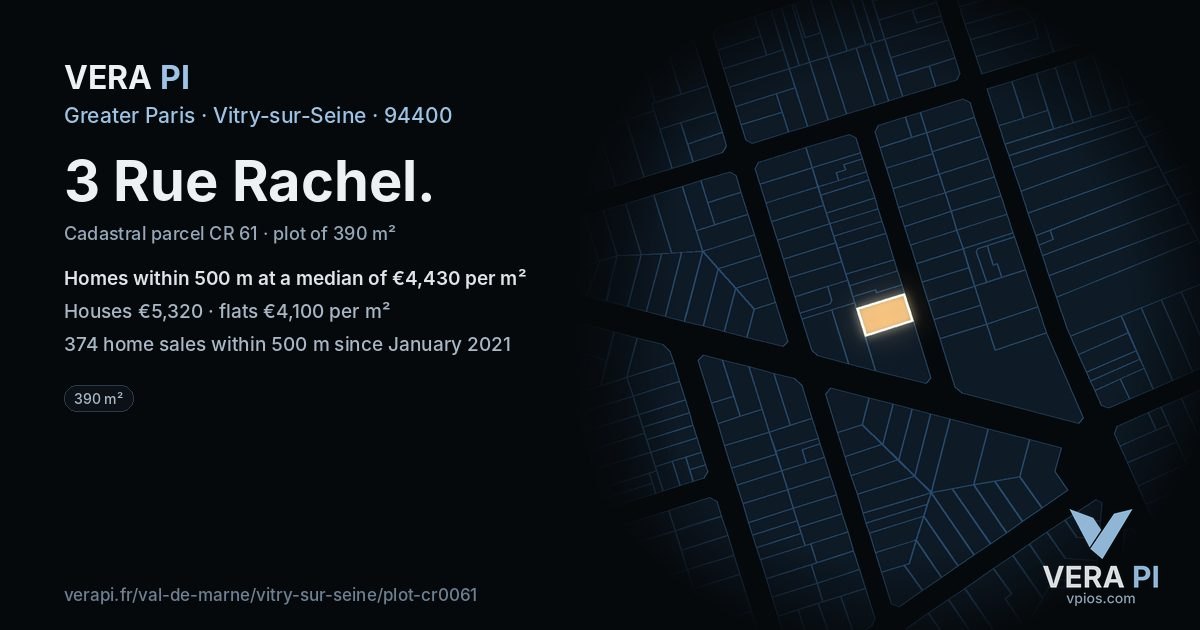 3 Rue Rachel, Vitry-sur-Seine at night – the plot lit, the parcels around coloured by the prices near them