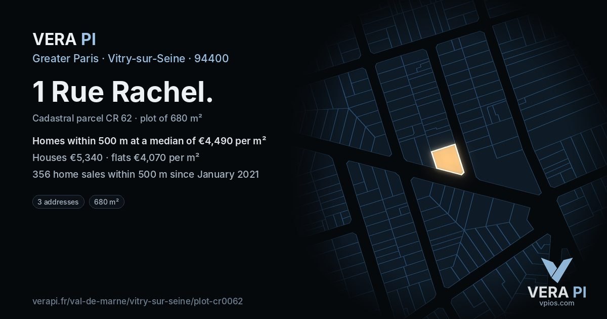 1 Rue Rachel, Vitry-sur-Seine at night – the plot lit, the parcels around coloured by the prices near them