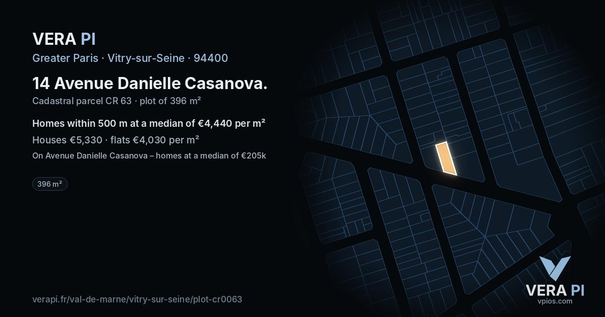 14 Avenue Danielle Casanova, Vitry-sur-Seine at night – the plot lit, the parcels around coloured by the prices near them
