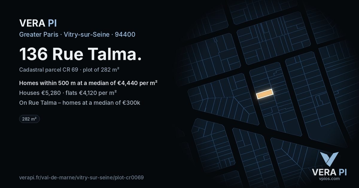 136 Rue Talma, Vitry-sur-Seine at night – the plot lit, the parcels around coloured by the prices near them