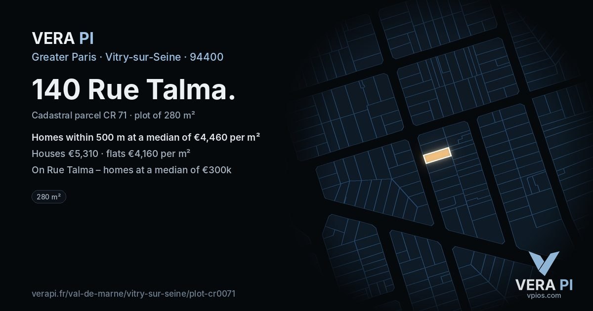 140 Rue Talma, Vitry-sur-Seine at night – the plot lit, the parcels around coloured by the prices near them