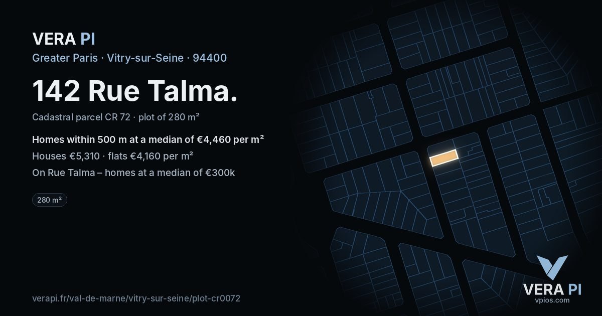 142 Rue Talma, Vitry-sur-Seine at night – the plot lit, the parcels around coloured by the prices near them