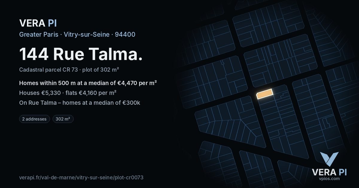 144 Rue Talma, Vitry-sur-Seine at night – the plot lit, the parcels around coloured by the prices near them