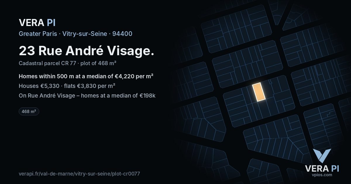 23 Rue André Visage, Vitry-sur-Seine at night – the plot lit, the parcels around coloured by the prices near them