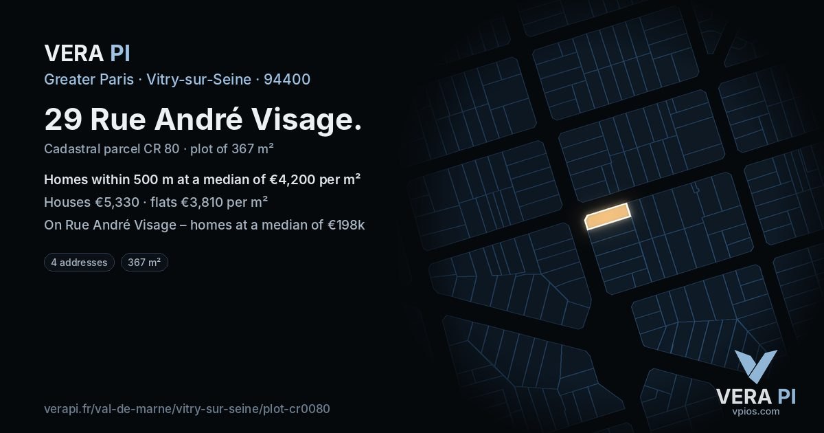 29 Rue André Visage, Vitry-sur-Seine at night – the plot lit, the parcels around coloured by the prices near them