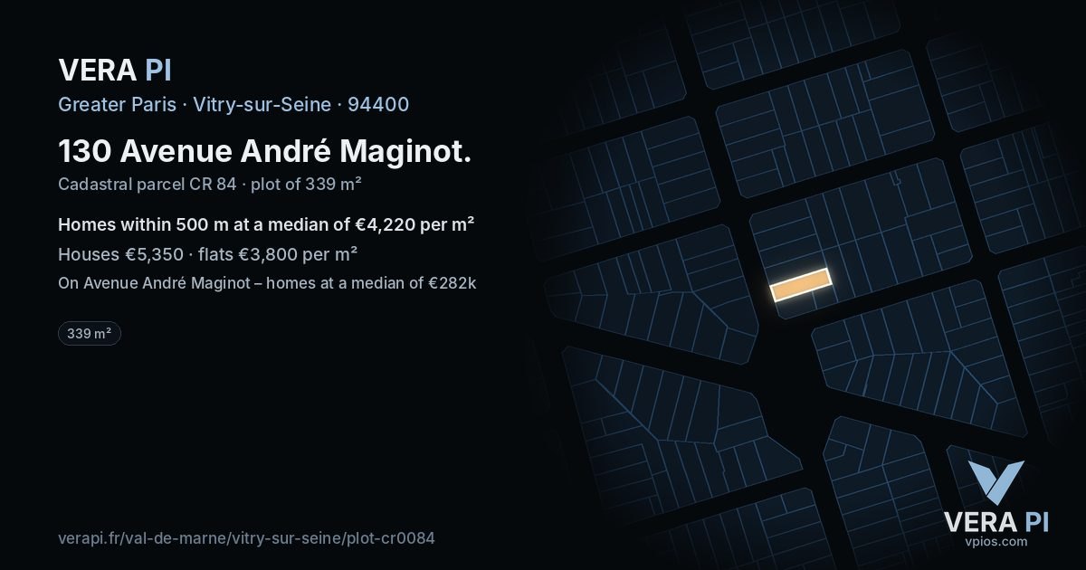 130 Avenue André Maginot, Vitry-sur-Seine at night – the plot lit, the parcels around coloured by the prices near them