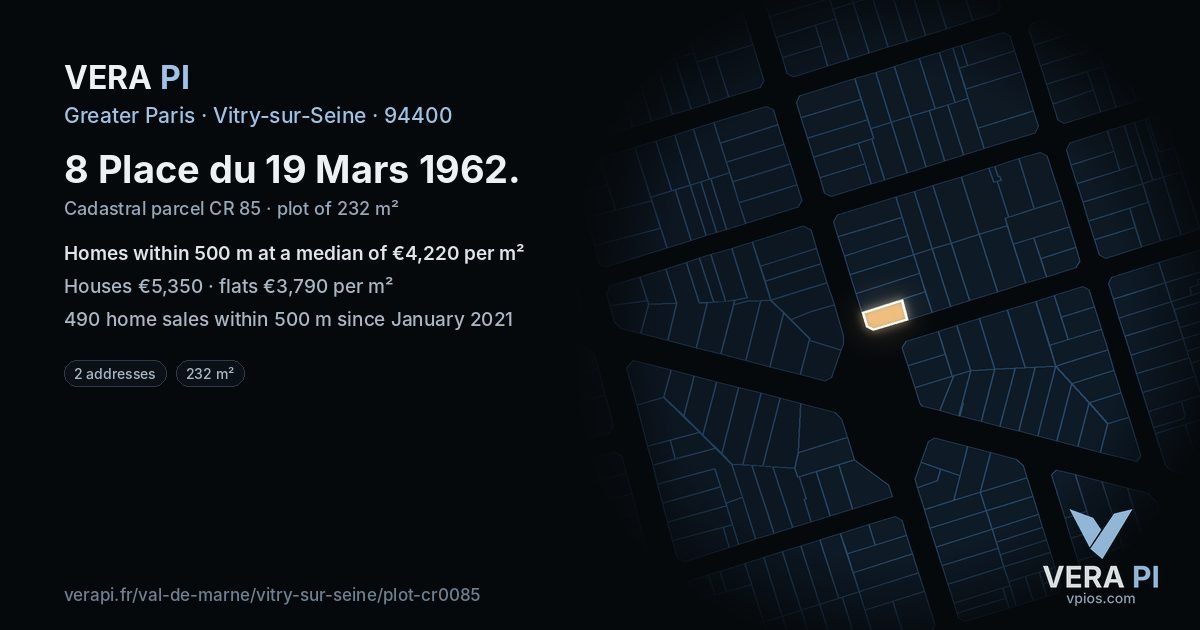 8 Place du 19 Mars 1962, Vitry-sur-Seine at night – the plot lit, the parcels around coloured by the prices near them