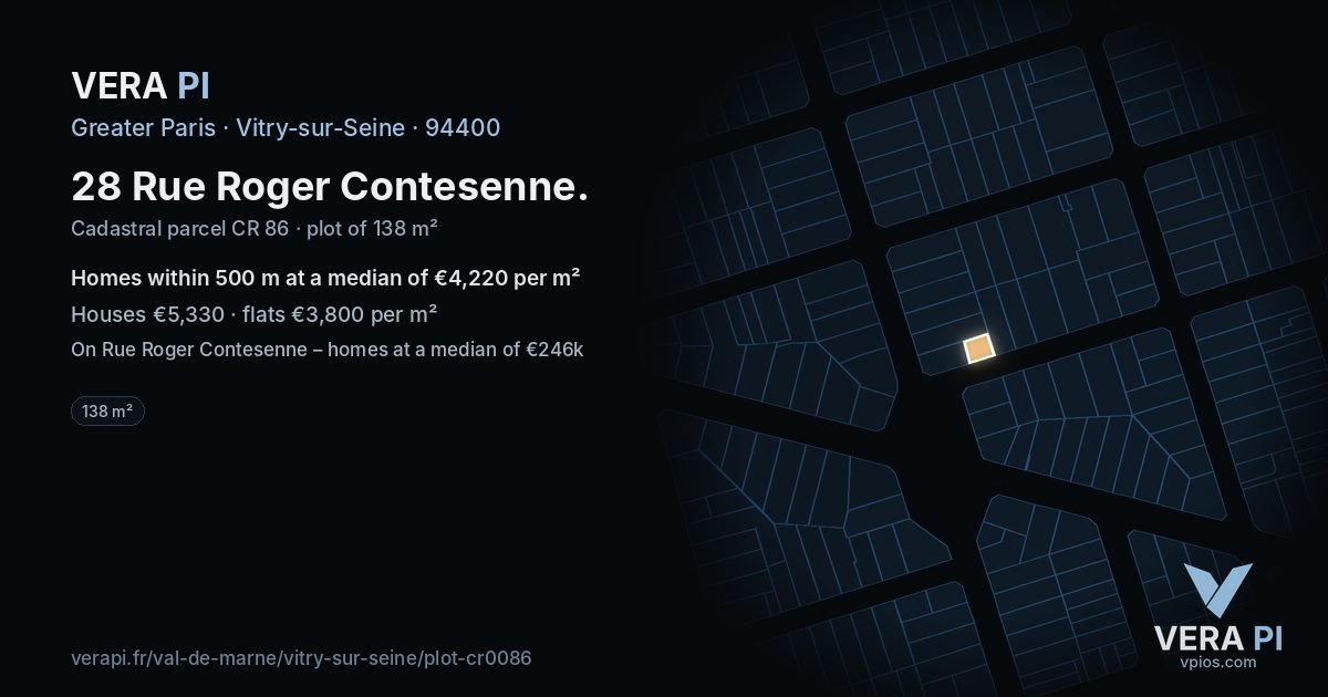 28 Rue Roger Contesenne, Vitry-sur-Seine at night – the plot lit, the parcels around coloured by the prices near them