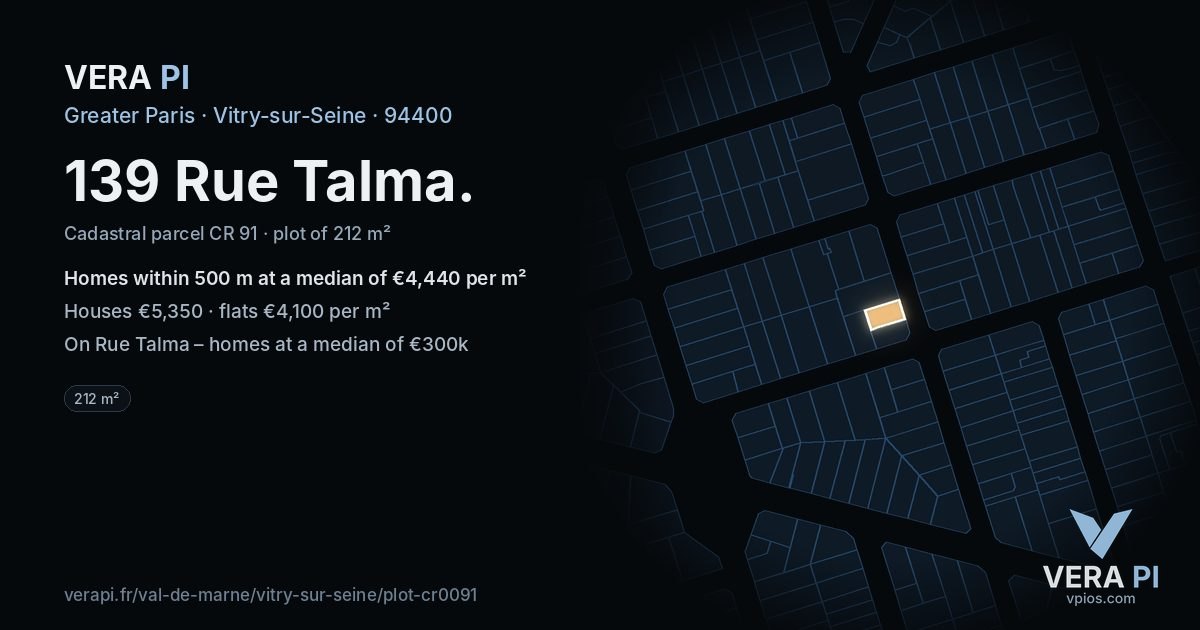139 Rue Talma, Vitry-sur-Seine at night – the plot lit, the parcels around coloured by the prices near them