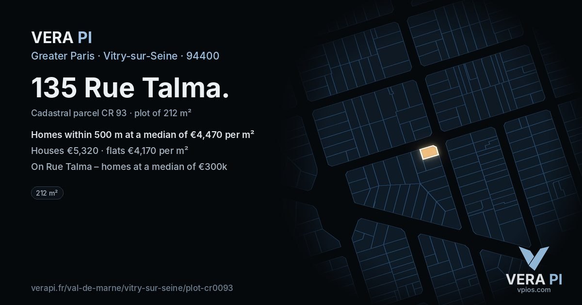 135 Rue Talma, Vitry-sur-Seine at night – the plot lit, the parcels around coloured by the prices near them