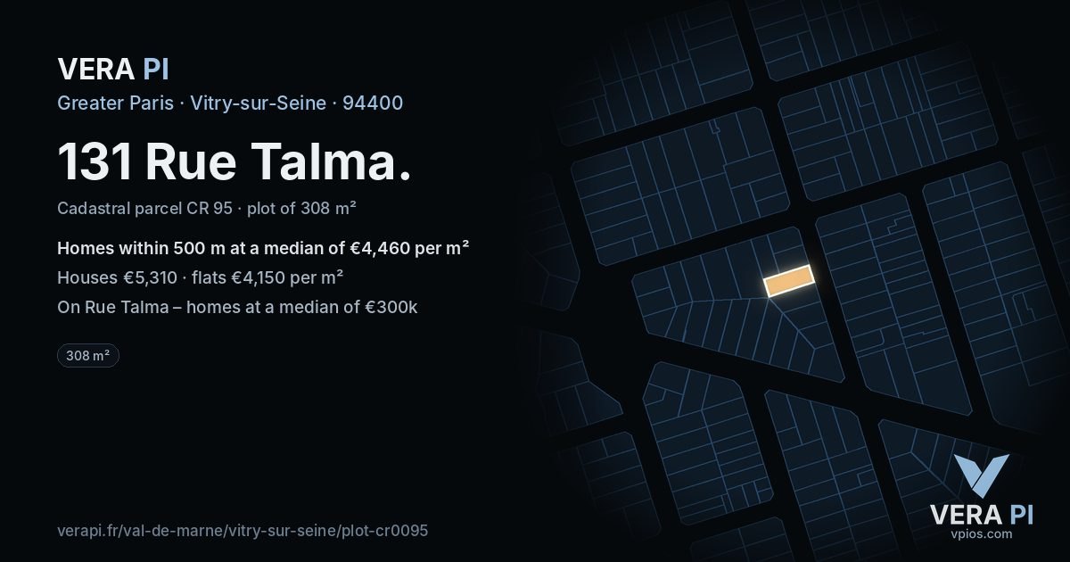 131 Rue Talma, Vitry-sur-Seine at night – the plot lit, the parcels around coloured by the prices near them