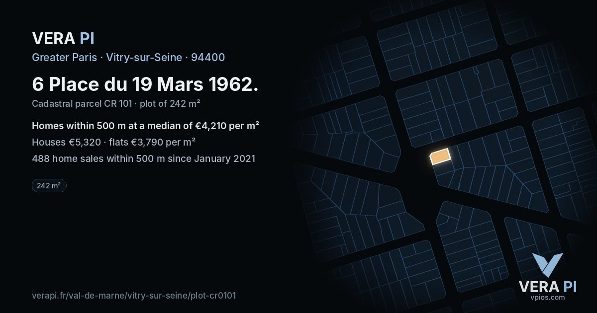 6 Place du 19 Mars 1962, Vitry-sur-Seine at night – the plot lit, the parcels around coloured by the prices near them