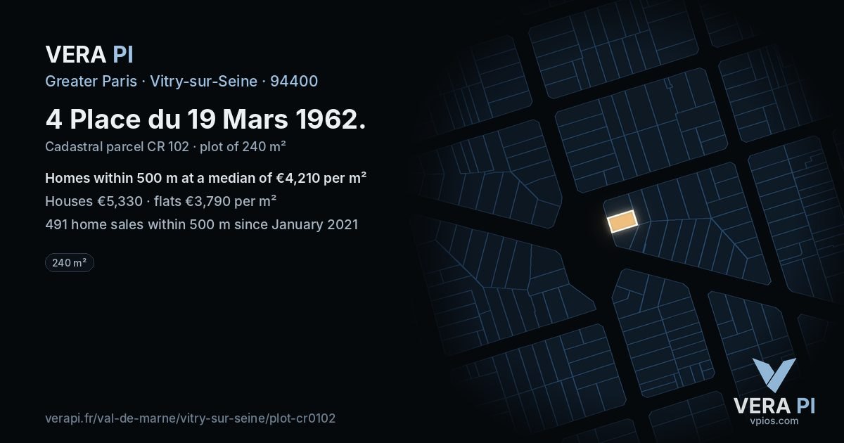 4 Place du 19 Mars 1962, Vitry-sur-Seine at night – the plot lit, the parcels around coloured by the prices near them