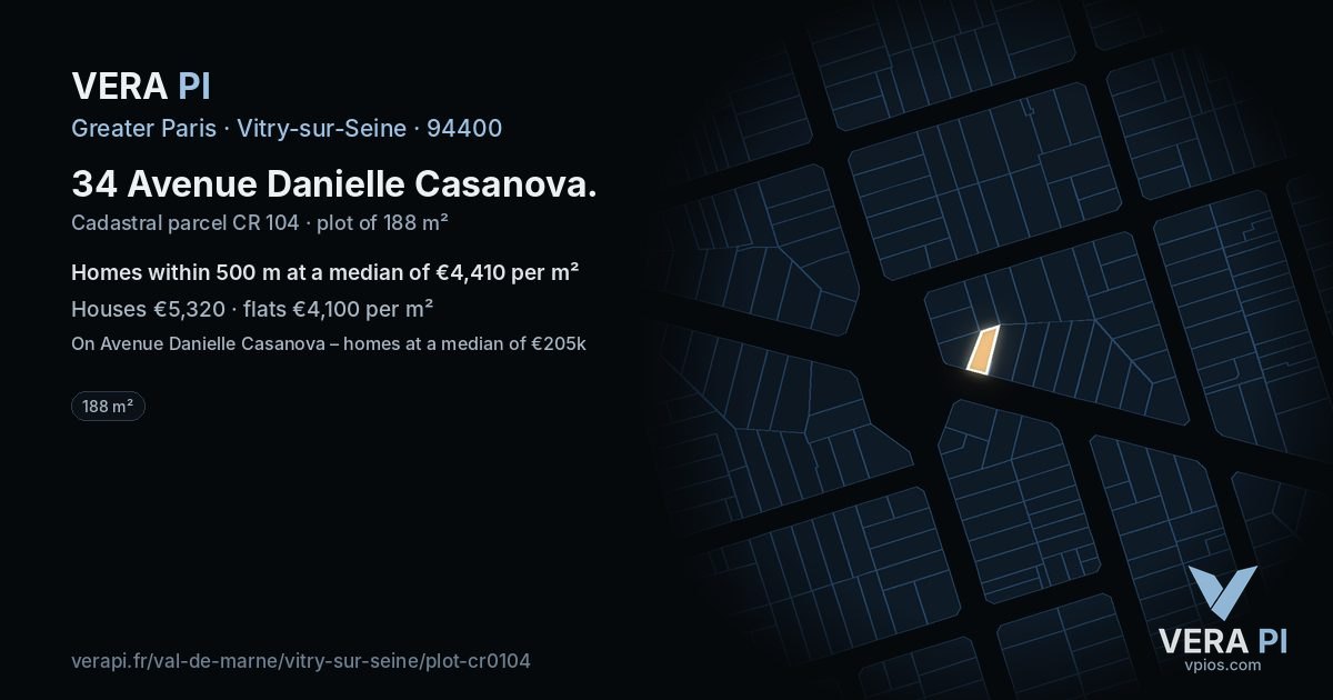 34 Avenue Danielle Casanova, Vitry-sur-Seine at night – the plot lit, the parcels around coloured by the prices near them