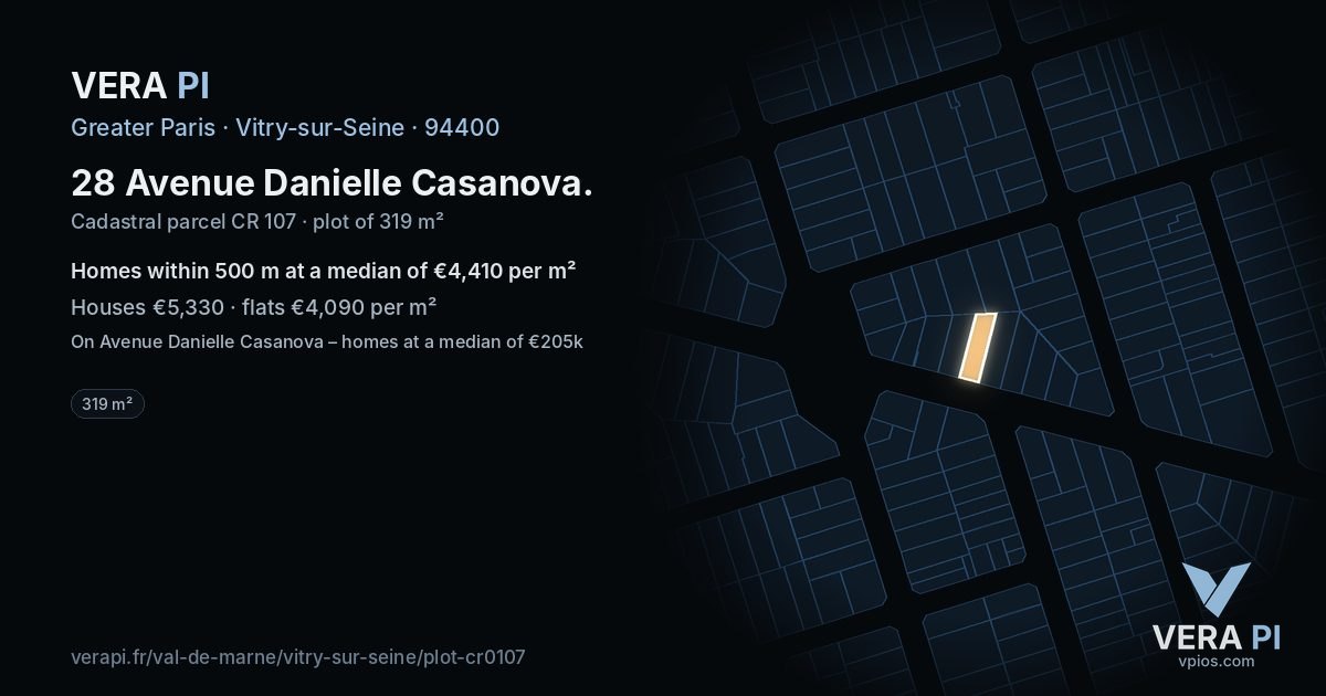 28 Avenue Danielle Casanova, Vitry-sur-Seine at night – the plot lit, the parcels around coloured by the prices near them