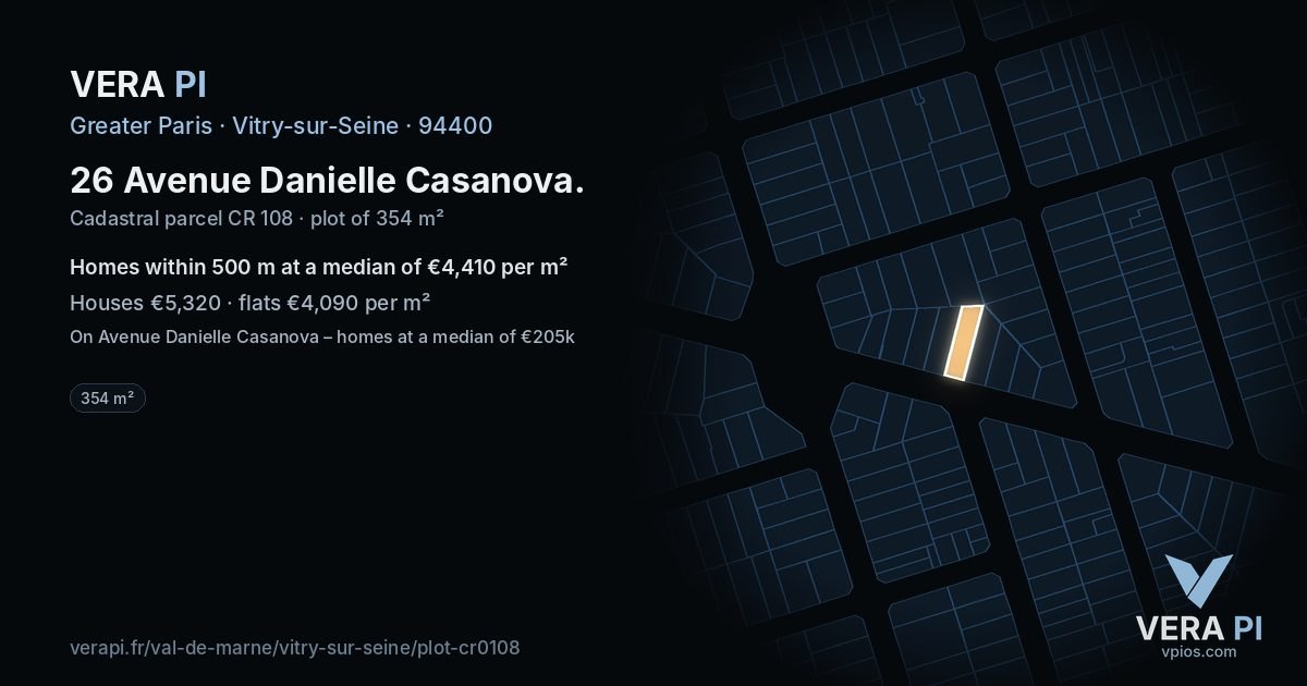 26 Avenue Danielle Casanova, Vitry-sur-Seine at night – the plot lit, the parcels around coloured by the prices near them