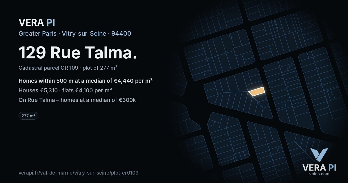 129 Rue Talma, Vitry-sur-Seine at night – the plot lit, the parcels around coloured by the prices near them