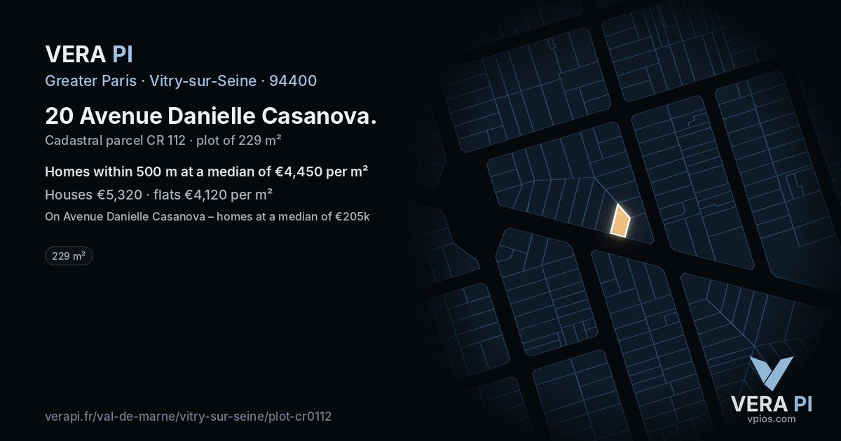 20 Avenue Danielle Casanova, Vitry-sur-Seine at night – the plot lit, the parcels around coloured by the prices near them