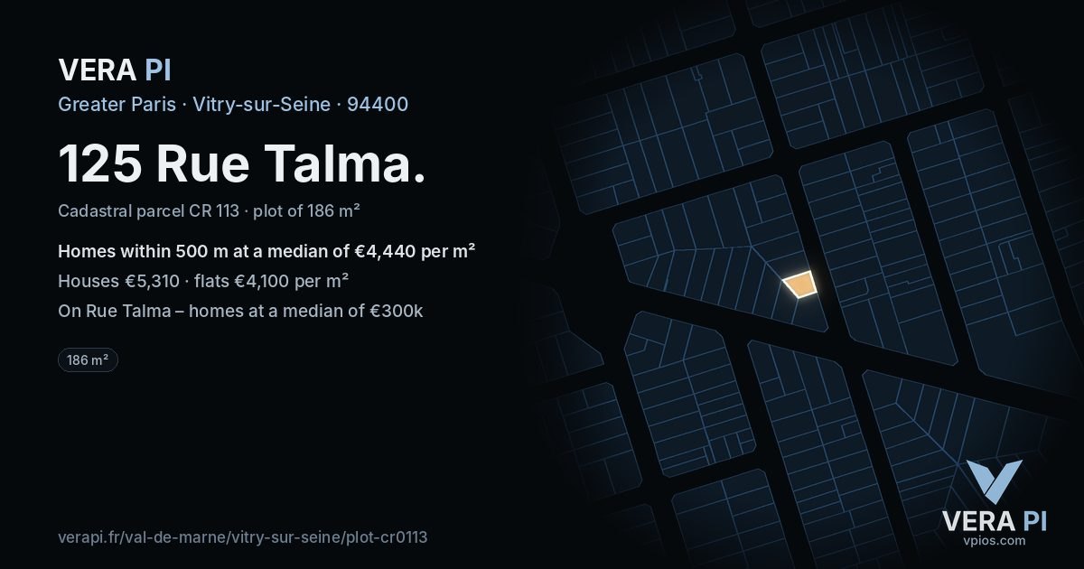 125 Rue Talma, Vitry-sur-Seine at night – the plot lit, the parcels around coloured by the prices near them