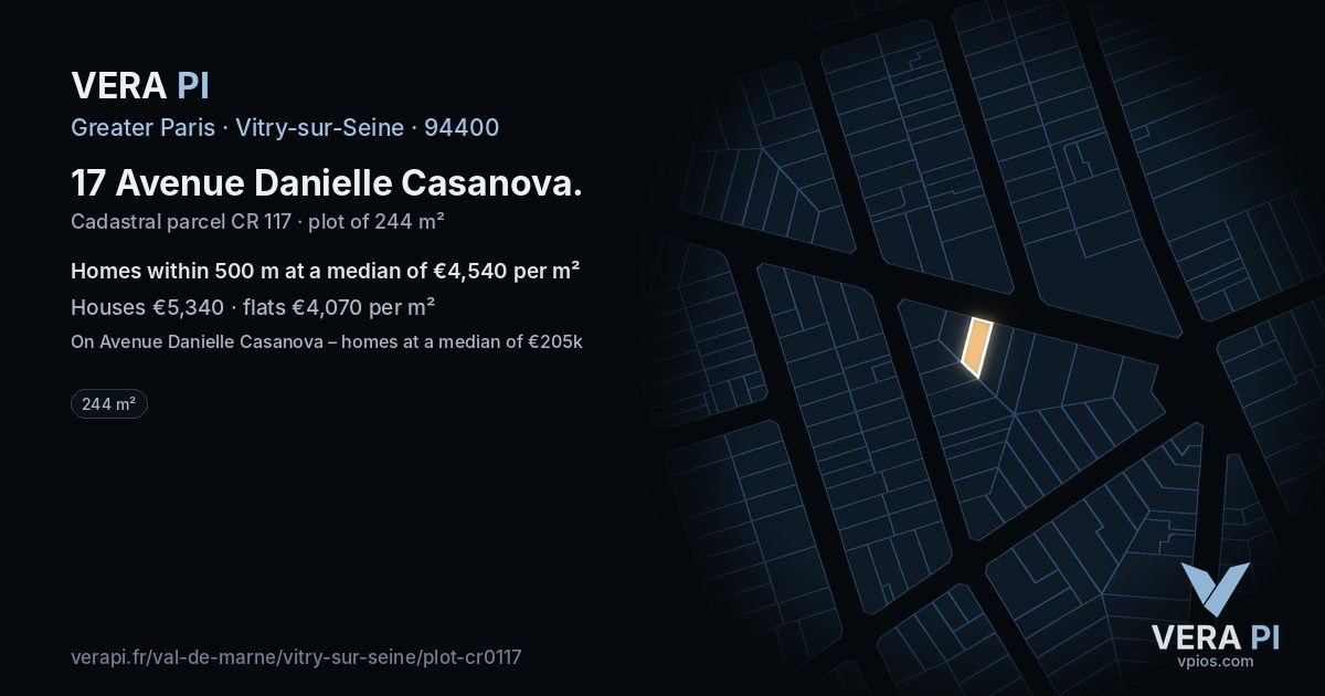 17 Avenue Danielle Casanova, Vitry-sur-Seine at night – the plot lit, the parcels around coloured by the prices near them