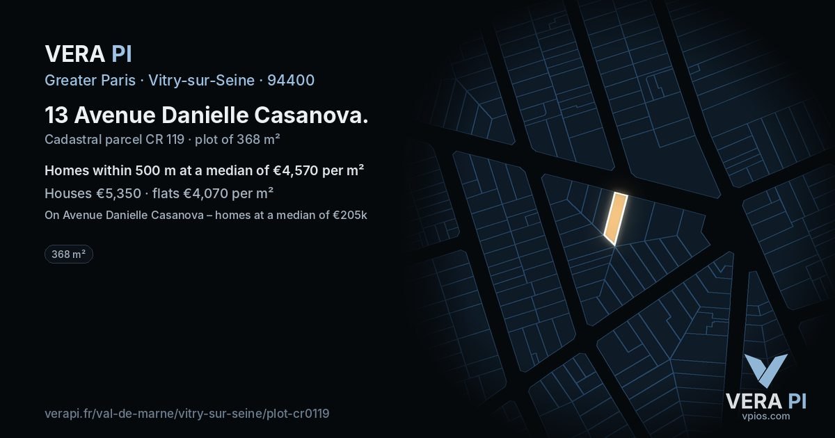 13 Avenue Danielle Casanova, Vitry-sur-Seine at night – the plot lit, the parcels around coloured by the prices near them